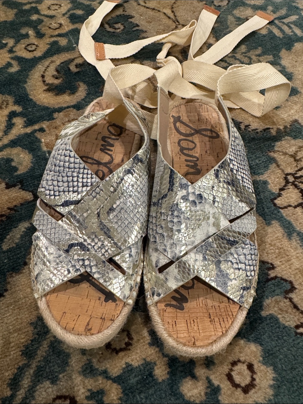 Sam Edelman Silver Snake-Print Espadrille Wedge Sandals with Cream Ankle Ties